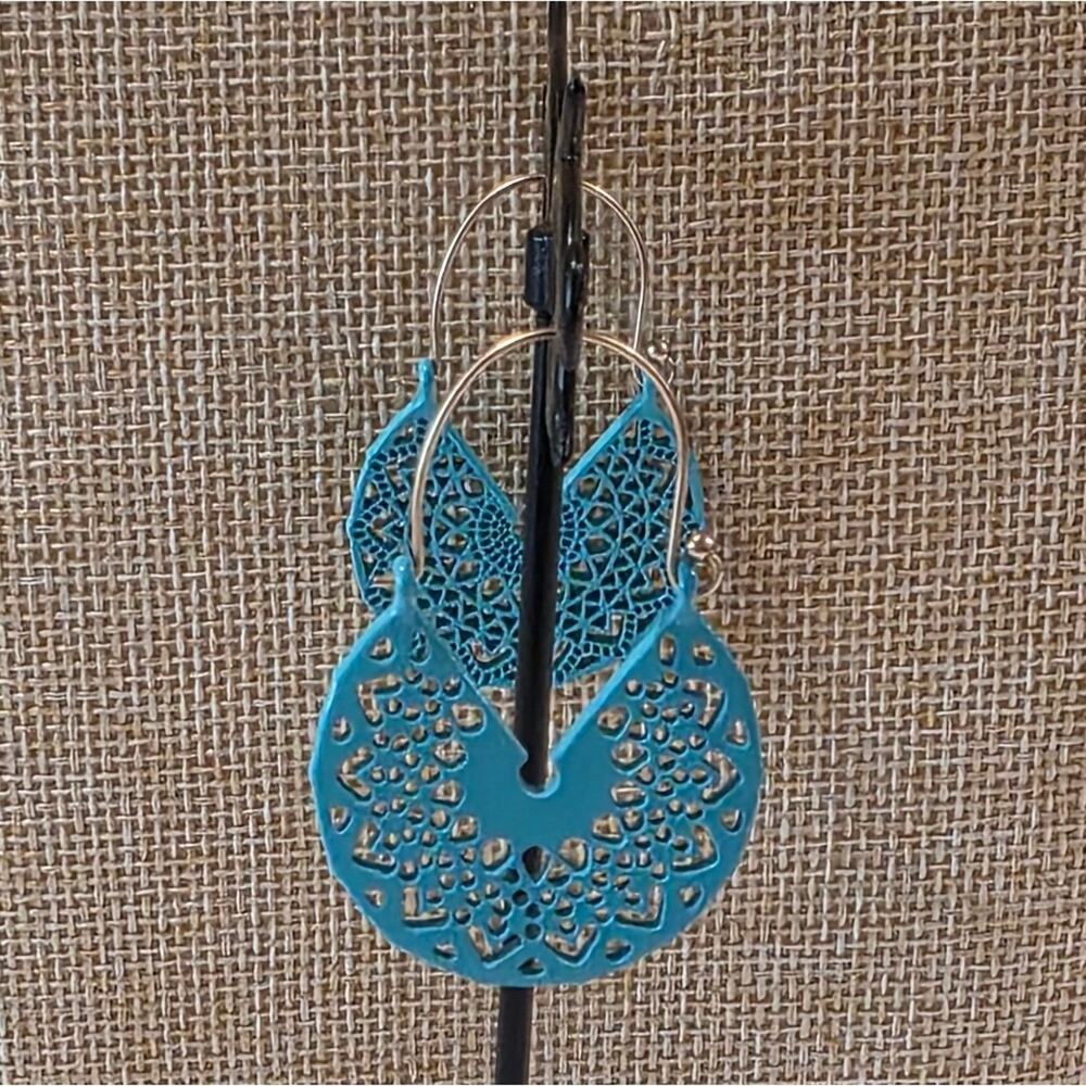 Lucky Brand Teal Enamel Filigree Hoop Earrings New
